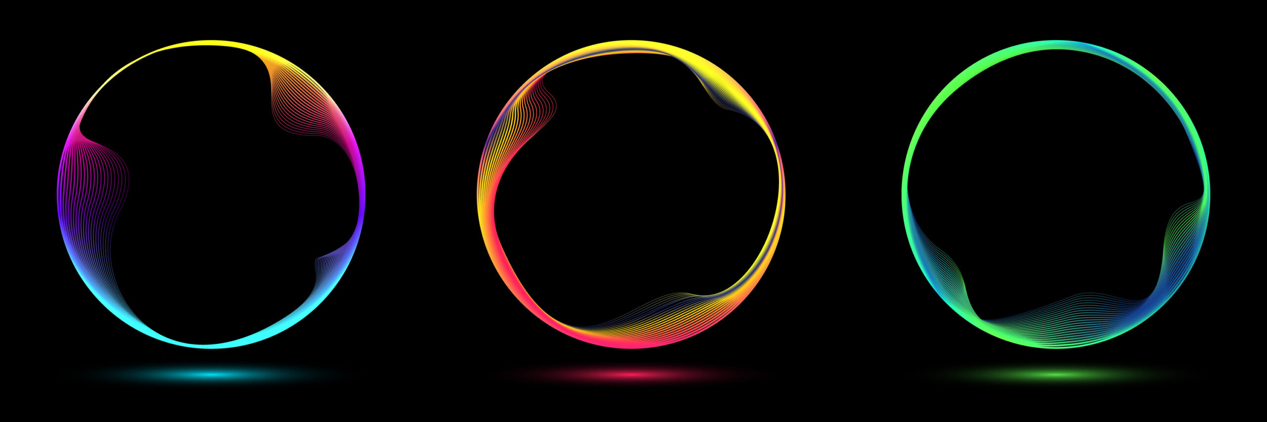 Set of glowing neon color circles round curve shape with wavy dynamic lines